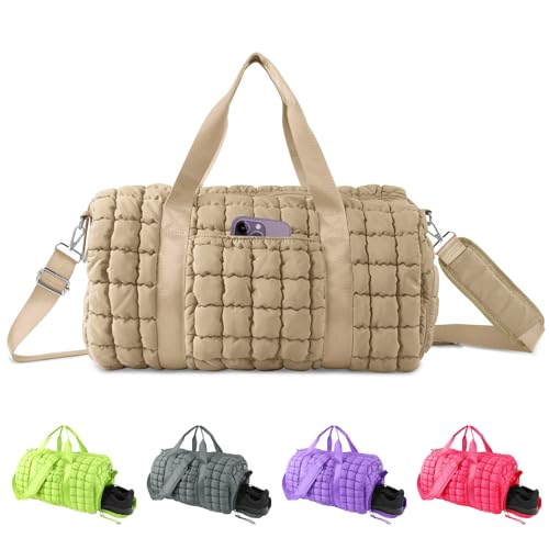 Image of Quilted Travel Duffle Bag Gym Bag for Women,Large Puffer Duffle Weekender Bag with Compartment,Workout Overnight Carry on Organizer Bag Duffle Bag for Airplane Travel(L-Khaki)