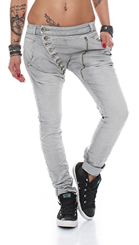 Fashion4Young 5857 MOZZAAR Damen Jeans Hose Röhrenjeans Haremshose Röhre Damenjeans Hüftjeans (XXL=44, Grau) Cover