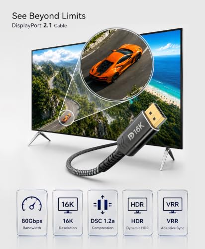Image of BlueRigger DisplayPort 2.1 Cable 16K - 80Gbps Ultra High Speed DP to DP Cable (3FT), Supports 16K@60Hz, 8K@240Hz, 4K@480Hz, DSC 1.2a, Dynamic HDR, G-Sync, FreeSync, Braided Heavy Duty Cord