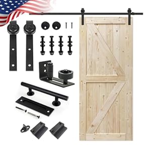 S&Z TOPHAND 36 in. x 84 in. Unfinished British Brace Knotty Barn Door with 6.6FT Sliding Door Hardware Kit/Solid Wood/Sliding Door/Double Surfaces/A Simple Assembly is Required (36, Door+J Shape)