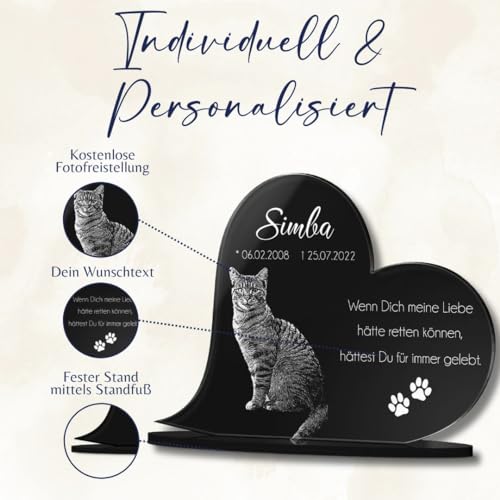 Gedenkstandbild Gedenktafel mit Gravur Fotogravur Grabstein Tiere | Herz liegend in 2 Größen Grabschmuck graviert für Haustiere wie Hund Katze & Co. Grabplatte | Im Kerzenschein schön leuchtend