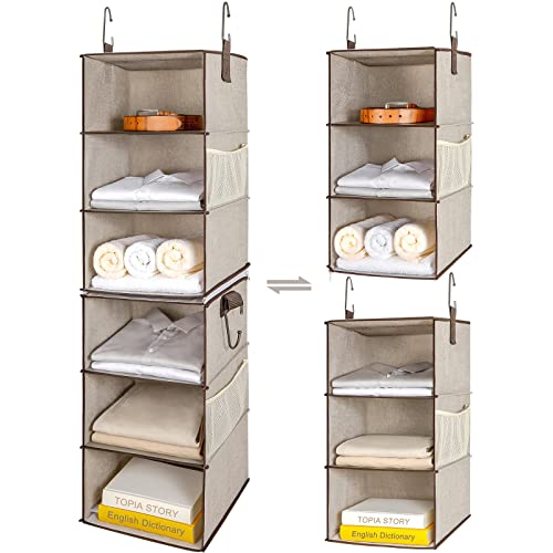 Image of TOPIA HOME 6-Shelf Hanging Closet Organizer, Two Separable 3-Tier Unique Cotton Fabric Hanging Closet Shelves with Mesh Pockets, Collapsible Closet Organizers and Storage Organization, Gray/Brown