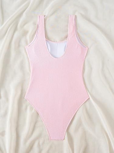 Image of Limeeke Women One Piece Swimsuit Solid Ribbed Monokini Swimwear Scoop Neck Low Back Bathing Suit