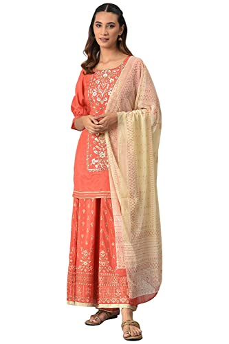 Image of Aurelia Women's Floral Print Silk Kurta Set with Palazzo & Dupatta