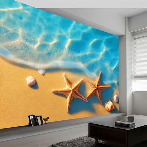 Papel Pintado Panorámico Moderno Playa Tropical para Salón Dormitorio Comedor - Mural Decorativo Artístico Playa Estrellas de Mar Conchas Olas Papel Pintado No Tejido Fotográfico 250An x 175Al cm