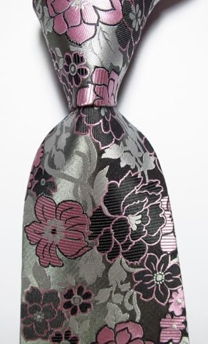 TANGQING New Classic Floral Gray Black Pink JACQUARD WOVEN Silk Men\'s Tie Necktie - Thumbnail 2