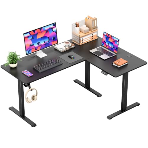 Image of Furmax 63 x 48 Inch L Shaped Standing Desk with 2 Preset Heights, Electric Height Adjustable Computer Table, 2 Hooks & Feet Balance, Corner Sit Stand Desk for Home Office (Black, 63 x 48 Inch)
