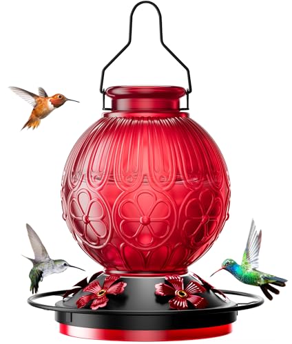 26Oz Hummingbird Feeder for Outdoors, Vintage Glass Bird Feeder with Perch, Durable & Easy to Clean, Hanging Nectar Feeder for Garden, Yard, Deck – Gift for Bird Lovers (Red)