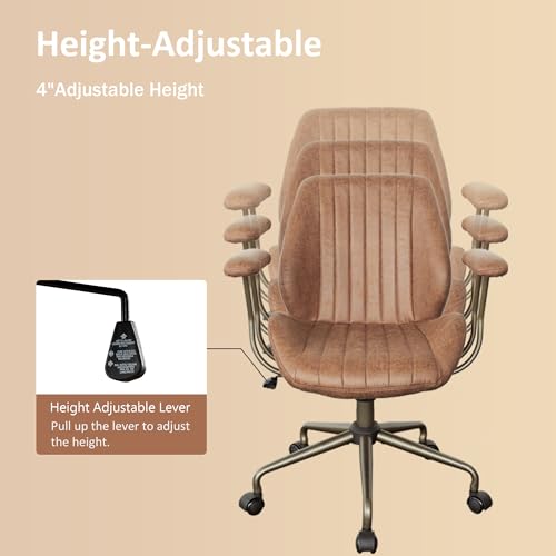 Image of Mid Back Home Office Chair, Mid Century Modern Executive Chair, Comfy Ergonomic Rolling Office Desk Chair with Lumbar Support, Brown Faux Leather Office Chair, Brown