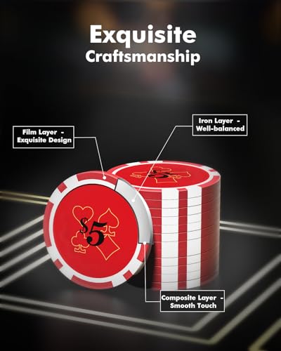 poker chips with denominations 300-pcs 115g weighted numbered casino chips set 5 dice 2 decks with compact aluminum case for texas hold39em blackjack age 8 and plus