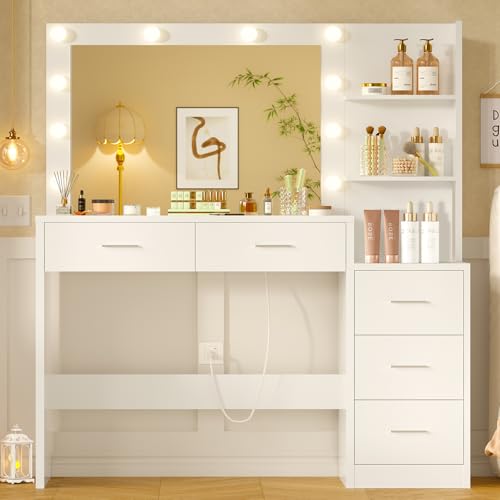 FIONESO 110cm Großer Schminktisch mit großem Spiegel und LED-Leuchten, Schminktisch mit 5 Schubladen, 2 offene Regale, Kosmetiktisch für Mädchen, Frauen und Schlafzimmer, Weiß
