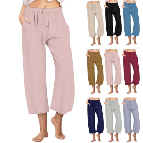 FWFLYAWAY Cotton Linen Pants for Women,2025 Summer Wide Leg Cropped Lounge Trousers,Casual Drawstring Elastic Waist Beach Palazzo Capri Pant with Pockets Travel Outfits(A-Pink,XXL)