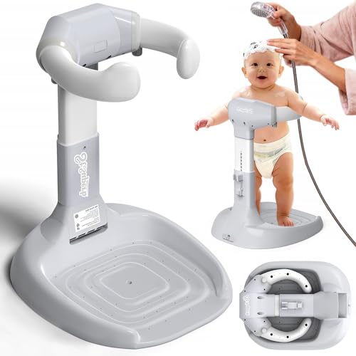 Foldable Baby Shower Stand Toddler Shower Stand with Anti-Slip Base & Anti-Pinch Silicone Baby Shower Standing Support 6-36 Months Baby Stand Up Shower |Soporte para Baera de Beb (Grey)