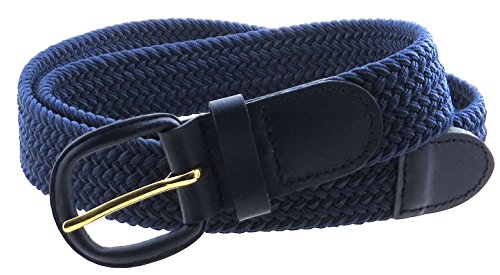 Braided Elastic Woven Stretch Belt Solid Color Leather Tipped Buckle and Tip