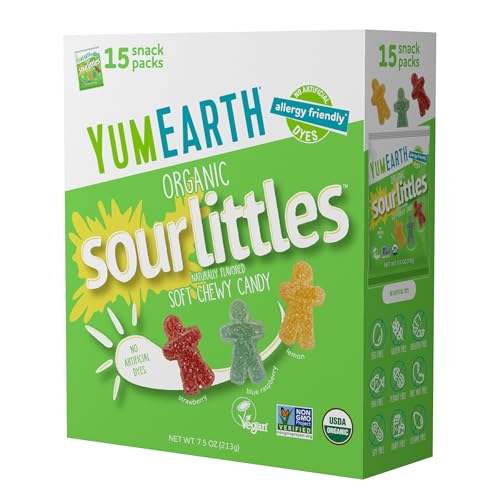 YumEarth Organic Sour Littles Chewy Candy - Allergy Friendly (Top 9 Free), No Artificial Dyes, Non GMO, Gluten Free, Vegan Candy Snacks - 15 Count Box