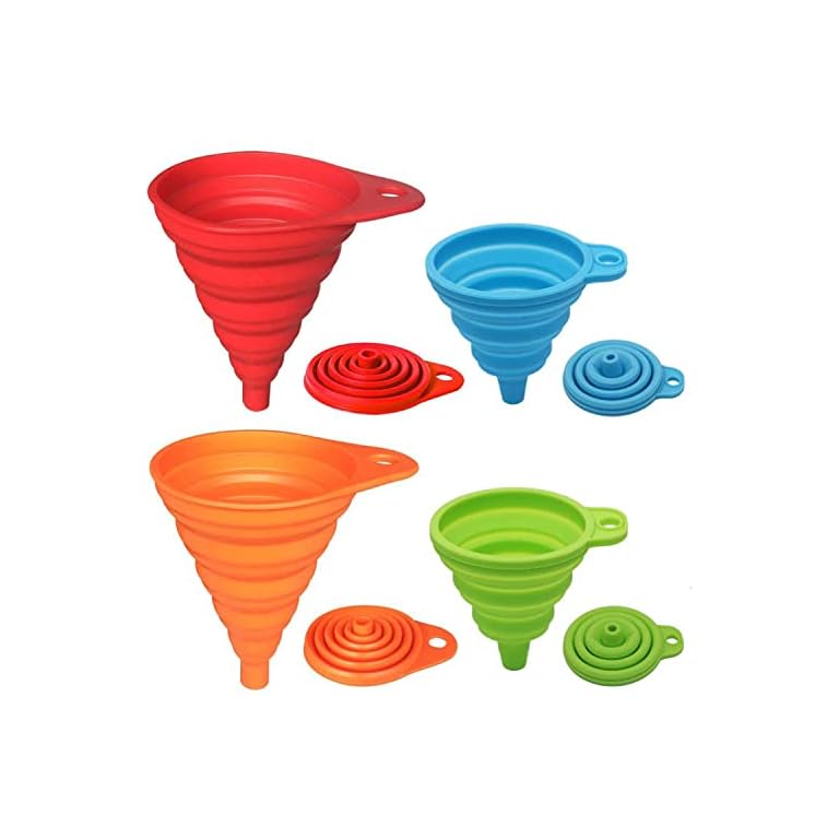 KongNai Kitchen Funnel Set 4 Pack, Small and Large, Kitchen Gadgets Accessories Foldable Silicone Collapsible Funnels for Filling Water Bottle Liquid Transfer Food Grade