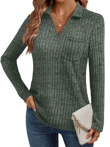 AUTOMET Womens Long Sleeve Tops Casual Collared Polo Shirts V Neck Tunic Sweaters Fall Fashion Dressy Winter Clothes 2025 Green M