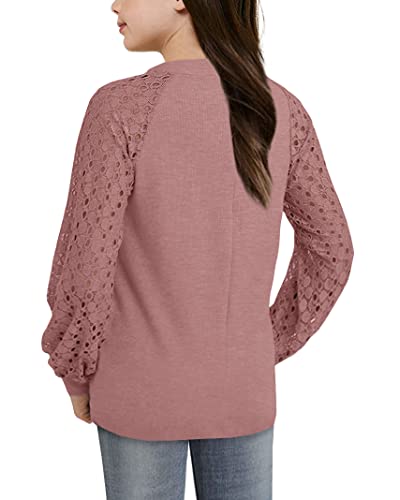Apbondy Girls Long Sleeve Shirts Casual Crew Neck Lace Loose Blouse Tops2