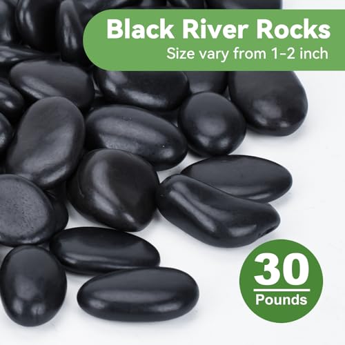 Image of Pulovin 30 lbs Decorative Garden Rocks for Flower Pots, Vase, 1 inch-2 inch, Polished Black River Stones for Plants, Outdoor Landscaping, Walkways, Yard