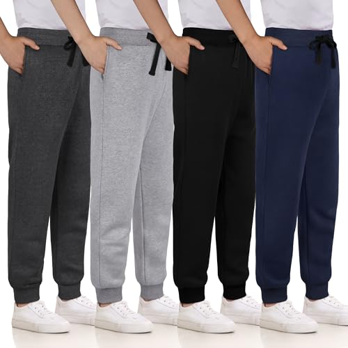 4 Pack Boys Sweatpants Cotton Fleece Lined Boys Athletic Joggers, Active Sweat Pants with Pockets Drawstring for Kids Youth