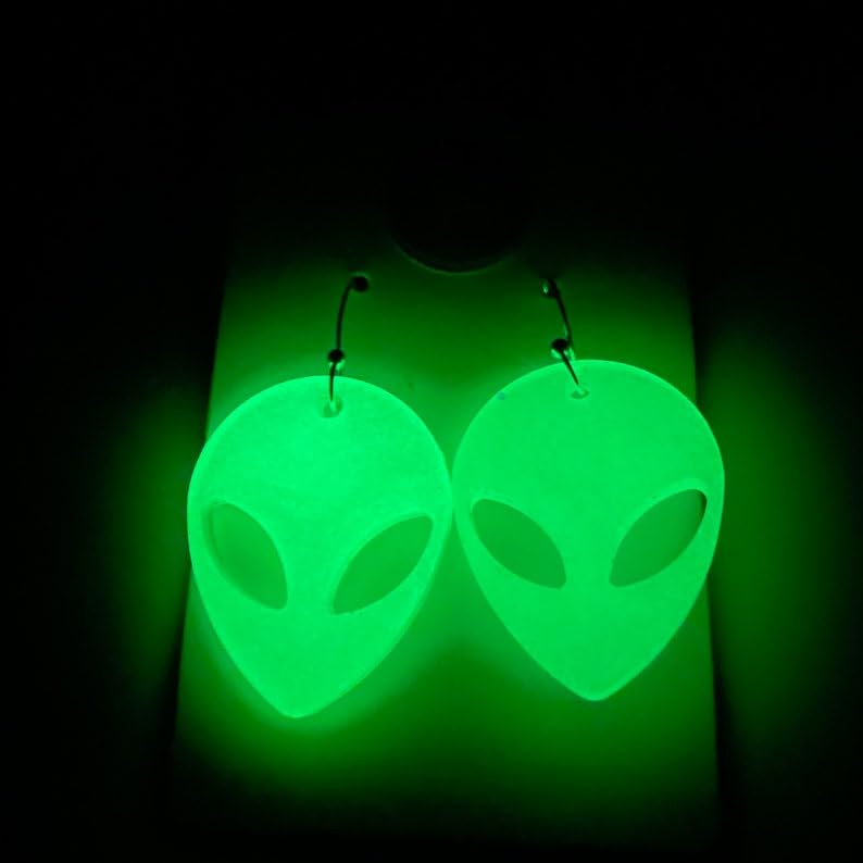 Miniatura 2 de Glow In The Dark Alien Earrings, Blacklight Reactive Women Rave Festival Accessories, Sterling Silver Statement Jewelry, Cute Gift For Her (Glitter)