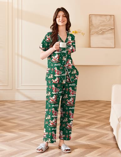 Image of Ekouaer Women's 100% Cotton Pajamas Set Short Sleeve Button Down Pjs 2 Piece Soft Sleepwear with Long Pants Lounge Set