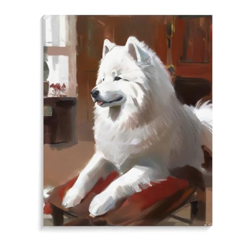 DIY Paint by Numbers Samoyed Dog on Canvas Painting Kits for Adult, Beginner Oil Painting Kits Gift 16x20inch(40x50cm) Frameless