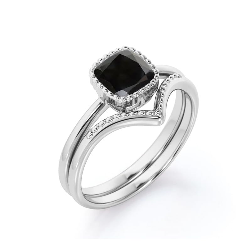 Black Onyx Wedding Ring Set for Women 925 Sterling Silver 10K 14K 18K Gold Vintage Bridal Ring Set with 1CT Cushion Cut Black Onyx Engagement Ring Set for Her4