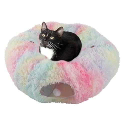 Cat Tunnel with Bed for Indoor Cats - 3FT Multifunctional Cat Tunnel Bed with Toys - Soft, Plush Peekaboo Cat Cave for Kittens, Cats, Ferrets, and Rabbits - Cat Products by PETMAKER (Multi)