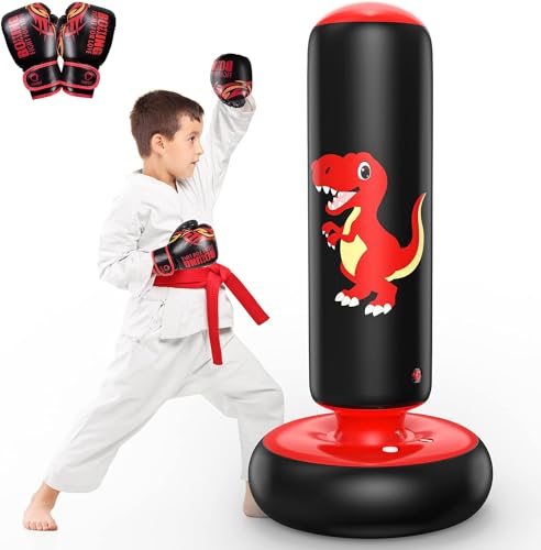 QPAU Sac de Boxe pour Enfants, Sac Boxe Gonflable Pied pour 3-8, Cadeaux pour GarçOns et Filles, Debout pour Enfants Set pour Pratique du Karaté, Taekwondo...