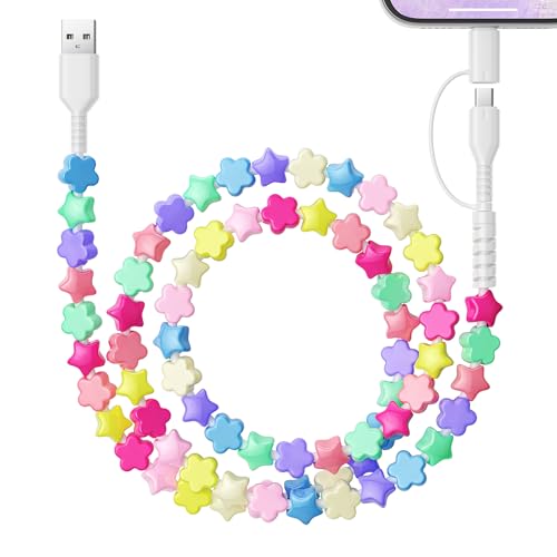 HianDier USB C Cable[MFI Certified] Multi 2 in 1 USB to Type C Fast Charging Cable 3.3FT USB A to iPhone Cord Cute Flower Star Bead Charger Cord Girls Women for iPhone 17 16 15 14 13-Candy Colored