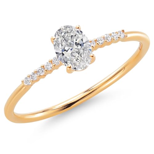 Gem Stone King 10K Yellow Gold 6X4MM Oval Gemstone Birthstone and White Lab Grown Diamond Engagement Ring | Wedding Anniversary Promise Gold Ring For Women | Available In Size 5-93