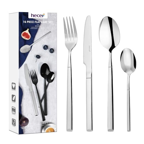 hecef Juego de Cubiertos de 16 Piezas, Set Cuberterias Completas 4 Personas, Acero Inoxidable 18/0, Mango Ergonómico, Acabado Espejo, Apto para Lavavajillas, Ideal Hogar y Restaurante, Plata