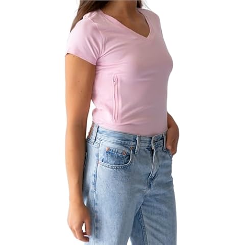 Clever Travel Companion Women's Fitted V-Neck T-Shirt with 2 Secret Pockets, Pink, Large Cover