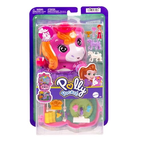 Polly Pocket Coffret Poney Rodéo Jouet de voyage avec 1 mini-figurine, chevaux, nourriture et accessoires de mode, JCR39