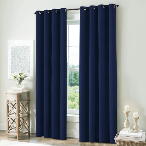 Image of COSVIYA Navy Blue 100% Blackout Curtains for Bedroom with White Back | 2 Thick Layers Full Room Darkening Thermal Insulated Curtain,Grommet Window Drapes for Living Room, 52x84 Inch, 2 Panels