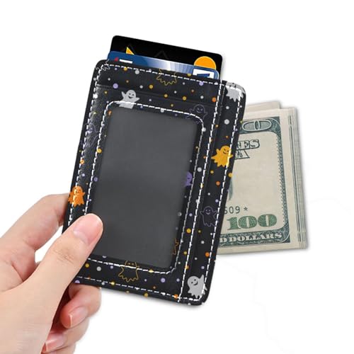Halloween Ghosts Slim Minimalist Wallet, RFID Blocking Leather Credit Card Holder Front Pocket Card Cases with ID Window for Men & Women4