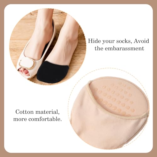 4 Pairs Cotton Non-Slip No Show Toe Socks, Ball of Foot Cushion Socks, Invisible Half Sock for High Heels, Ball of Foot, And Backless Mules (Black, Skin Color)4