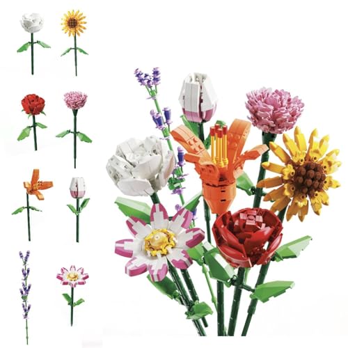 FLOWERS Fiore 3D da Costruire, Set Costruzioni Floreali 63-114 Pezzi, 8 Modelli Assortiti (Girasole, Rosa, Tulipano, Lavanda…), Gioco Creativo 6+