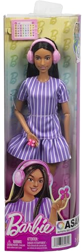 Image of Barbie Fashionistas Doll #245, Autistic Doll Wearing Purple Striped Dress with Accessories Like Fidget Spinner, Tablet and Headphones