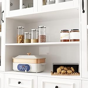 AIEGLE Freestanding Kitchen Pantry with Glass Doors Hutch Large Kitchen Pantry Storage Cabinet with 5 Tier Shelf Tall Kitchen Pantry Cabinet Cupboard for Dining Room Living Room White