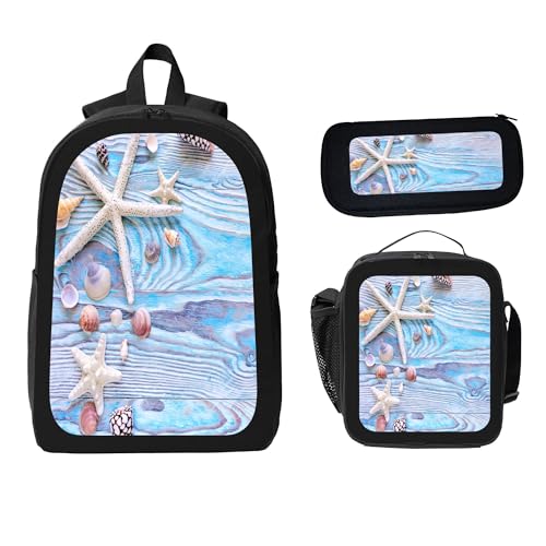 Starfish Shell Abstract 3 Pcs 17 Inches Backpack Set with Insulated Lunch Bag And Pencil Pouch Large Back Pack for Men Women Lunchbox Pencil Case Waterproof Backpacks Lunch Box 3 Piece Daypacks2