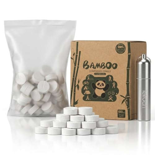 LEKOCH 100 pcs Bamboo Disposable Compressed Towel Tablet with Travel Tube Mini Portable Compressed Coin Face Wipes for Travel Camping Beauty Outdoor White