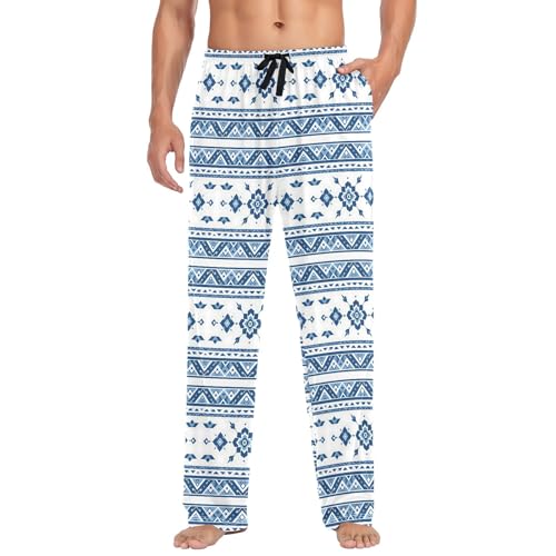 Mens Cotton Pajama Pants Sleep Lounge Pj Bottoms Sleepwear with Pockets Drawstring S White and Blue Aztec
