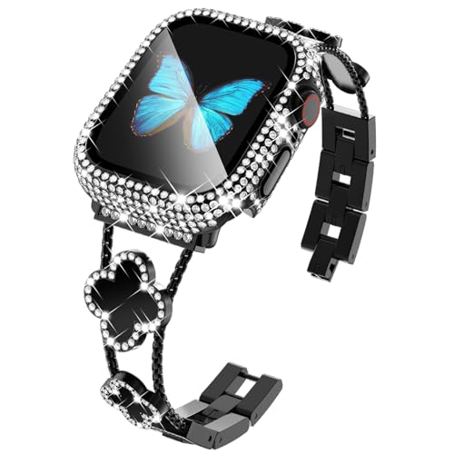 Bracelet trèfle Apple Watch 45mm strass luxe et coque diamantée
