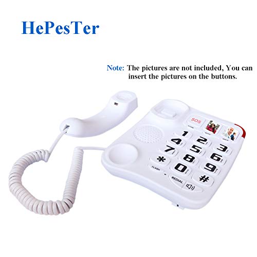 Big Button Corded Phone with 3 One-Touch Speed Dial, HePesTer P-45 Picture Care Phone for Seniors with Memory Protection/Wall Mountable/SOS Emergency