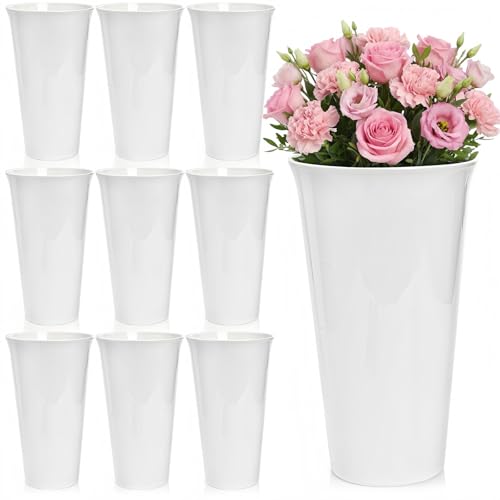 Tlence 10 Pack Flower Buckets 10 Inch White Plastic Flowers Vases Round Floral Containers for Cut Flower Modern Hydroponic Plant Display Holder for Table Centerpieces Home Wedding Decorations