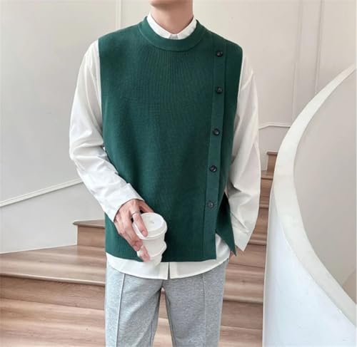 Men Sleeveless Sweater Vest Crew Neck Solid Color Buttons Knit Vests Waistcoat4