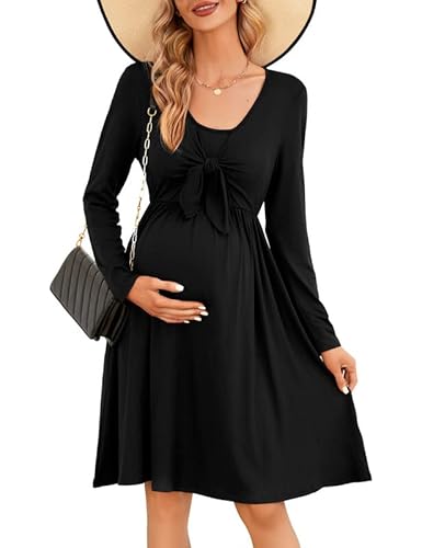Clearlove Vestido de maternidad de manga larga para mujer, vestido de lactancia materna con bolsillos y función de lactancia, Negro , M Cover