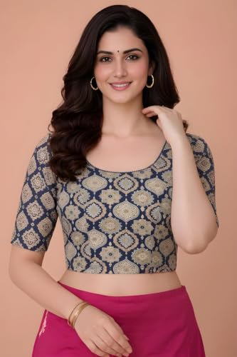 Image of Amazon Brand - Anarva Women's Kalamkari Print Cotton Stretchable Round Neck Readymade Saree Blouse